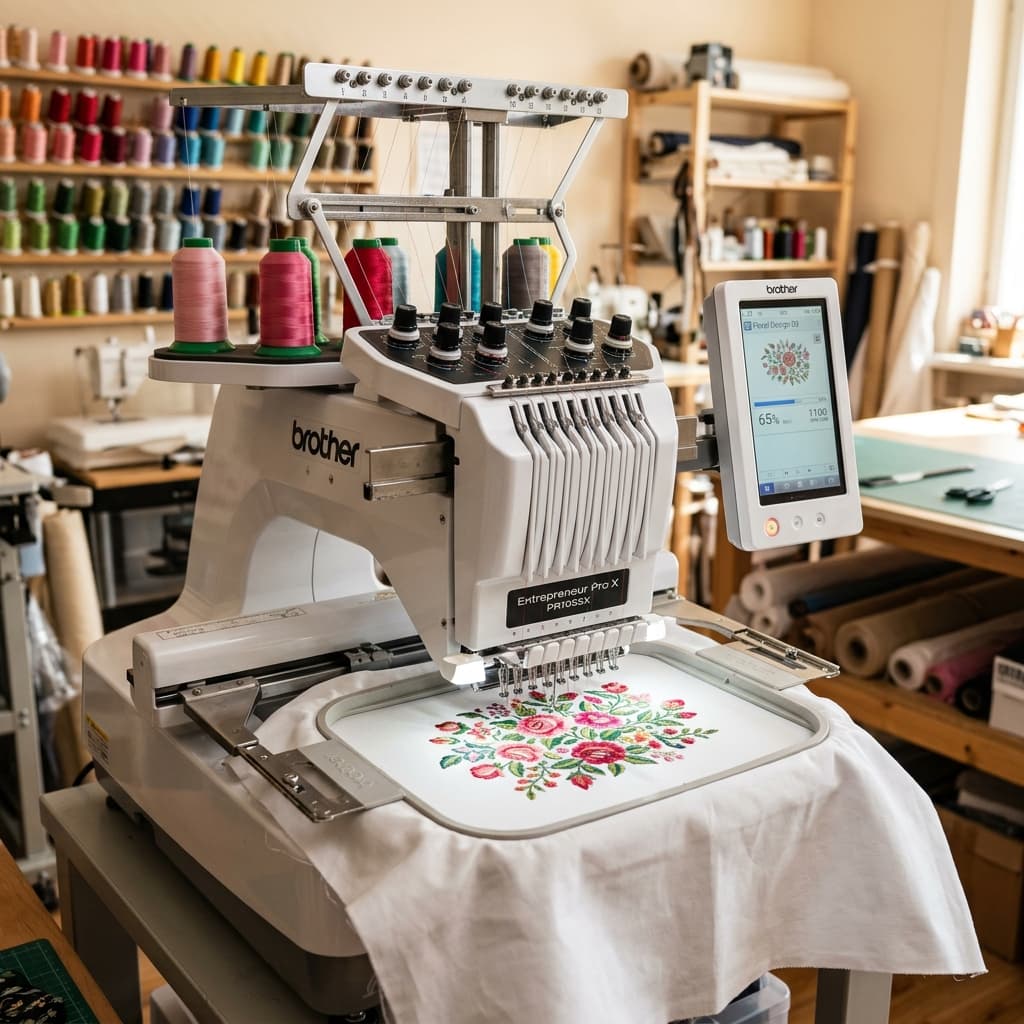 Embroidery machine preparing a colorful stitched design